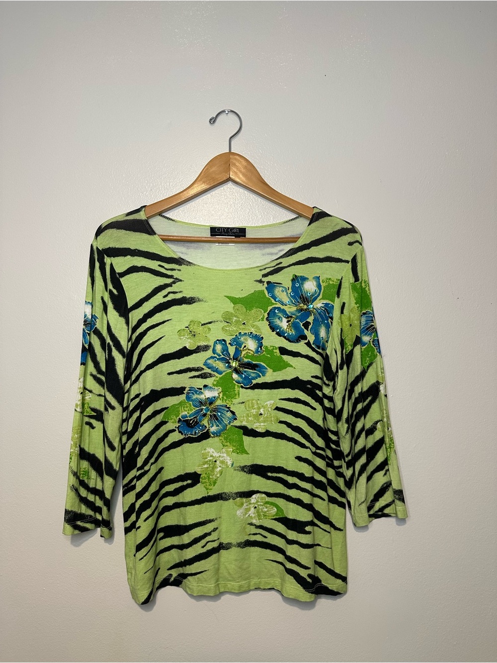 City Girl Y2K Top Womens Medium Green Zebra Print Blue Floral Sequined Blouse M